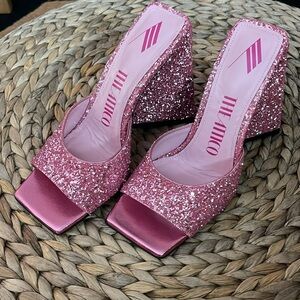 The Attico Devon Mule in Sugar Pink Glitter & Pyramid Heel